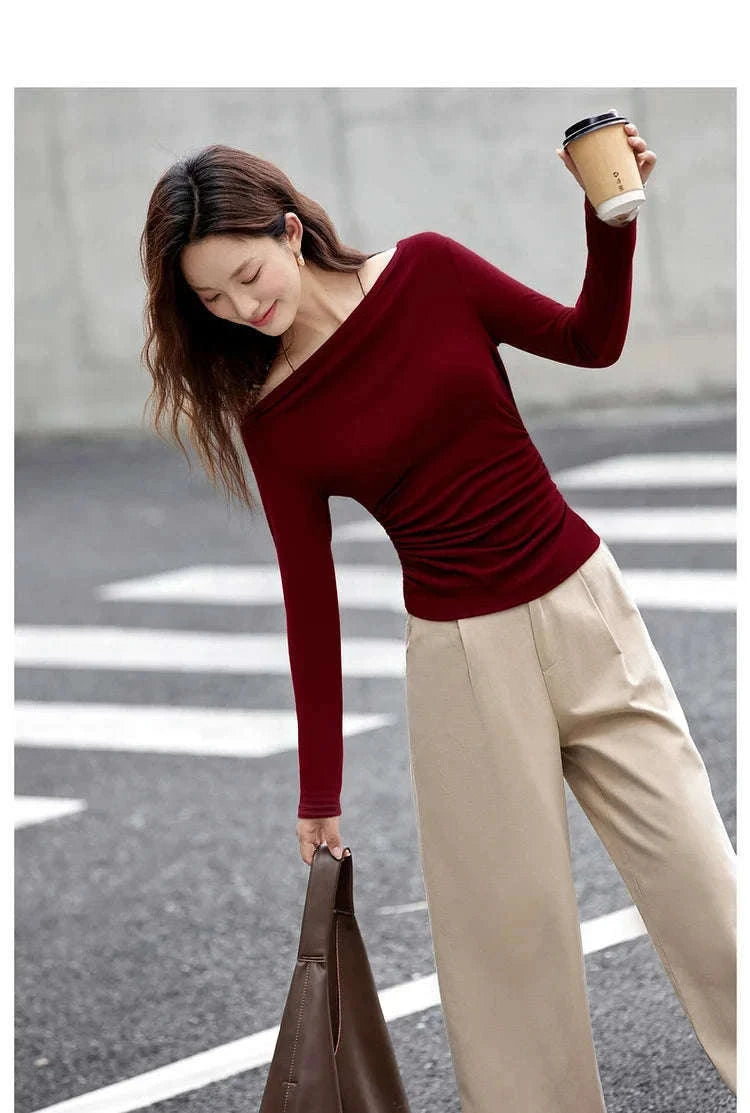 Women’s Slim Fit Slash Neck Long Sleeve Stretch Knit Top-Gray Striped tee / S