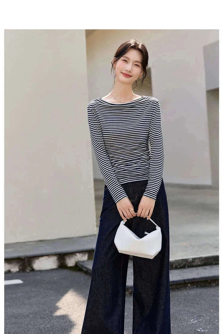 Women’s Slim Fit Slash Neck Long Sleeve Stretch Knit Top-Gray Striped tee / S
