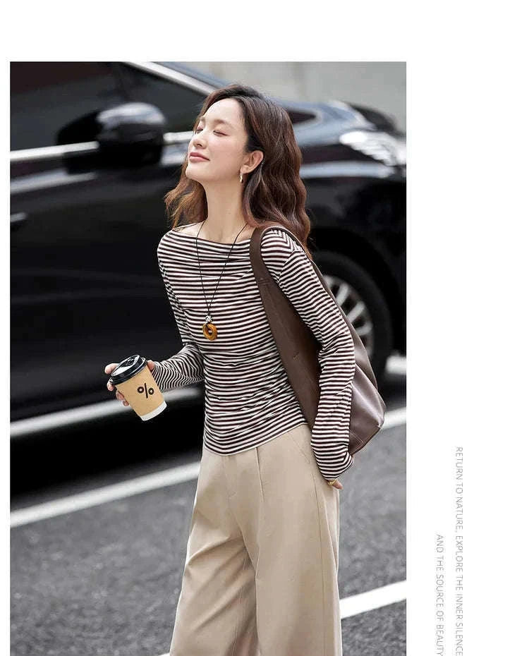 Women’s Slim Fit Slash Neck Long Sleeve Stretch Knit Top-Gray Striped tee / S