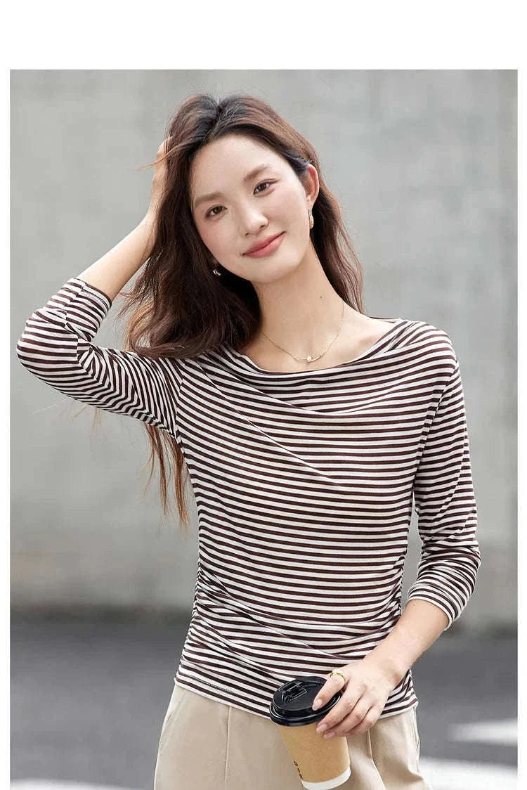 Women’s Slim Fit Slash Neck Long Sleeve Stretch Knit Top-Gray Striped tee / S