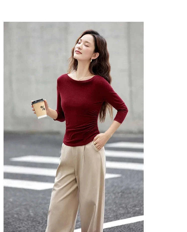 Women’s Slim Fit Slash Neck Long Sleeve Stretch Knit Top-Gray Striped tee / S