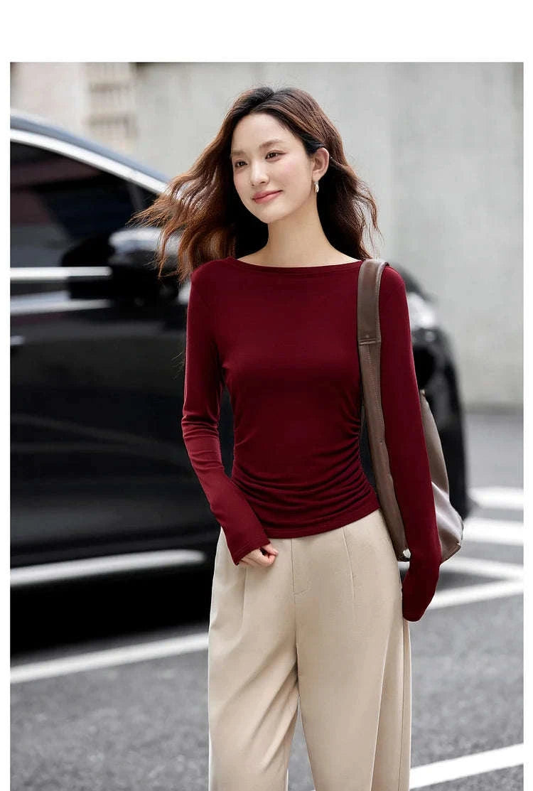 Women’s Slim Fit Slash Neck Long Sleeve Stretch Knit Top-Gray Striped tee / S