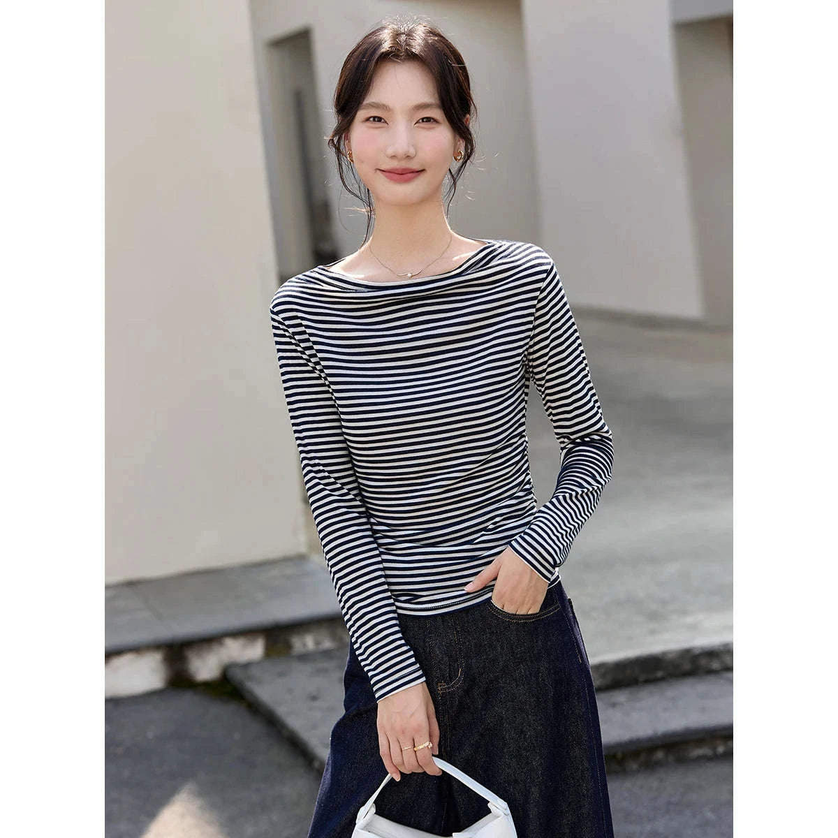 Women’s Slim Fit Slash Neck Long Sleeve Stretch Knit Top-Gray Striped tee / S