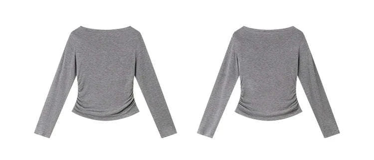 Women’s Slim Fit Slash Neck Long Sleeve Stretch Knit Top-Gray Striped tee / S