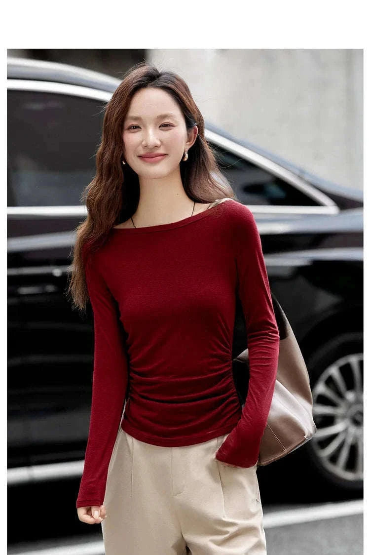Women’s Slim Fit Slash Neck Long Sleeve Stretch Knit Top-Gray Striped tee / S