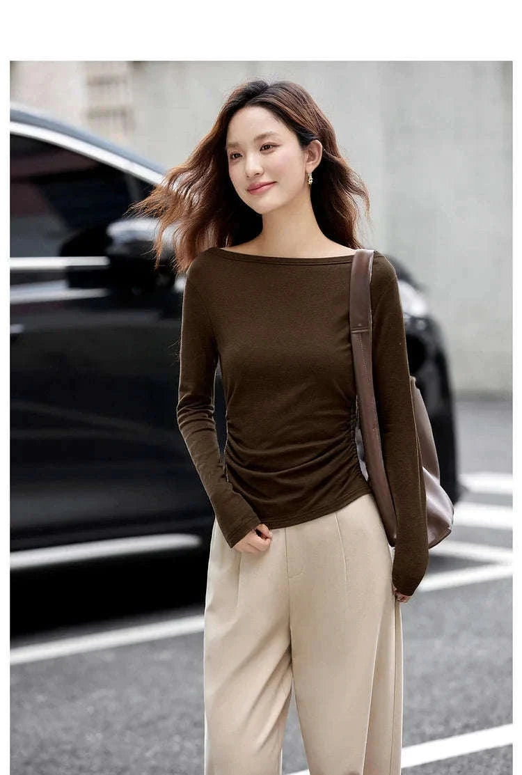 Women’s Slim Fit Slash Neck Long Sleeve Stretch Knit Top-Gray Striped tee / S