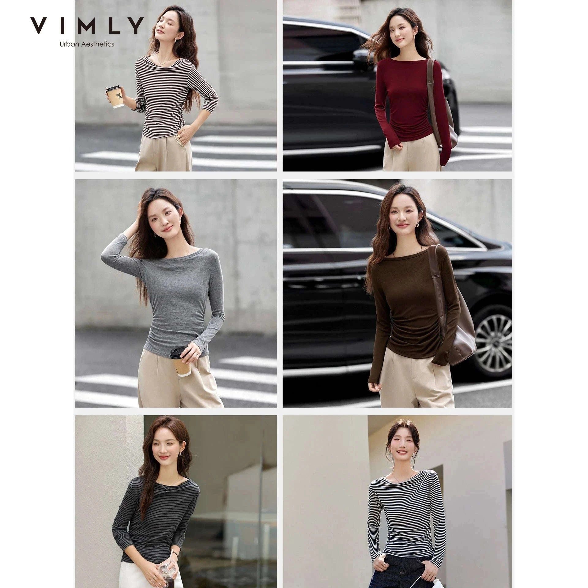 Women’s Slim Fit Slash Neck Long Sleeve Stretch Knit Top-Gray Striped tee / S