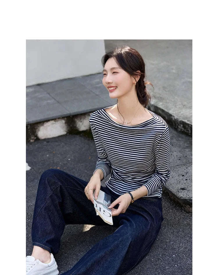 Women’s Slim Fit Slash Neck Long Sleeve Stretch Knit Top-Gray Striped tee / S