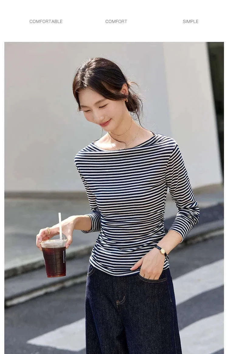 Women’s Slim Fit Slash Neck Long Sleeve Stretch Knit Top-Gray Striped tee / S