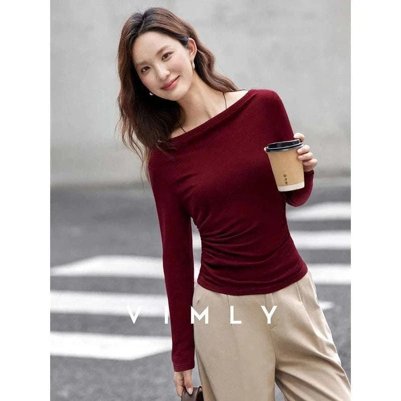Women’s Slim Fit Slash Neck Long Sleeve Stretch Knit Top-Gray Striped tee / S