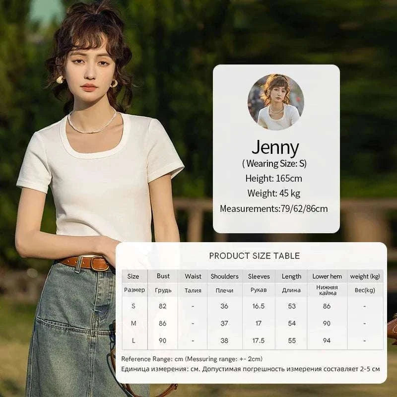 Women's Square Neck Cotton Blend T-Shirt – Elegant Short Sleeve Top-Beige White / S