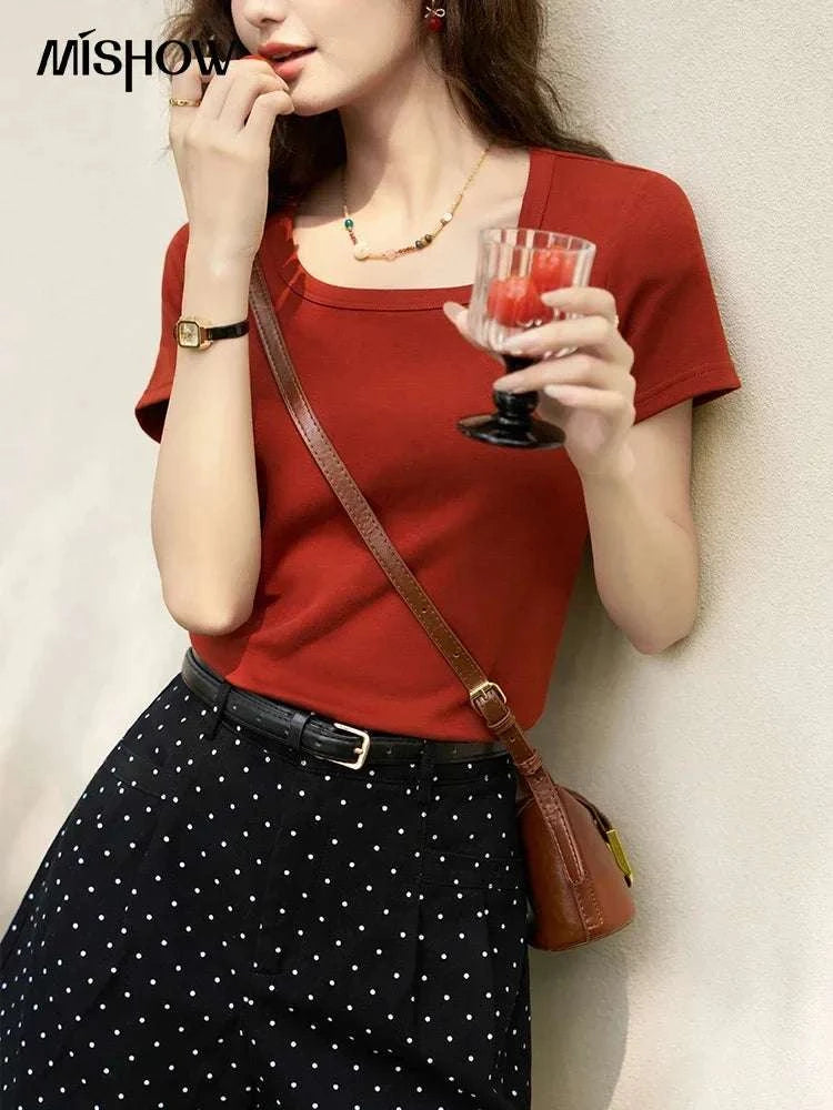 Women's Square Neck Cotton Blend T-Shirt – Elegant Short Sleeve Top-Beige White / S