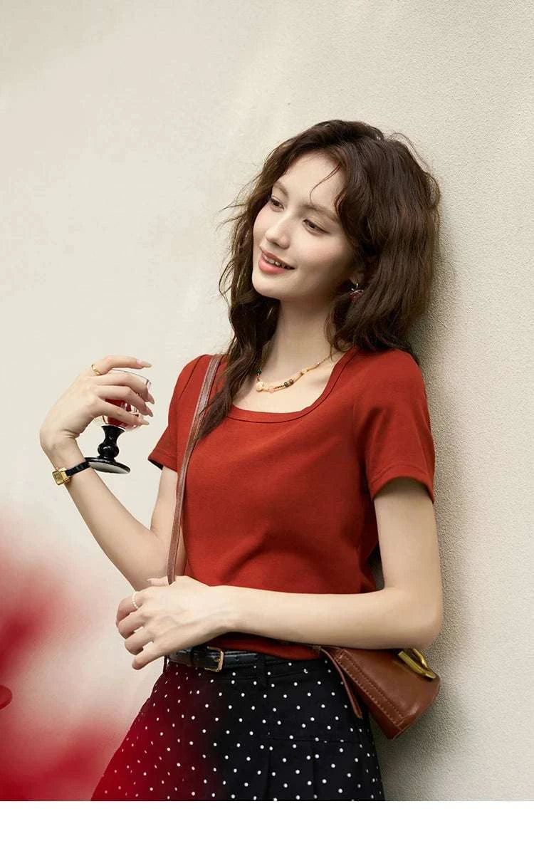 Women's Square Neck Cotton Blend T-Shirt – Elegant Short Sleeve Top-Beige White / S