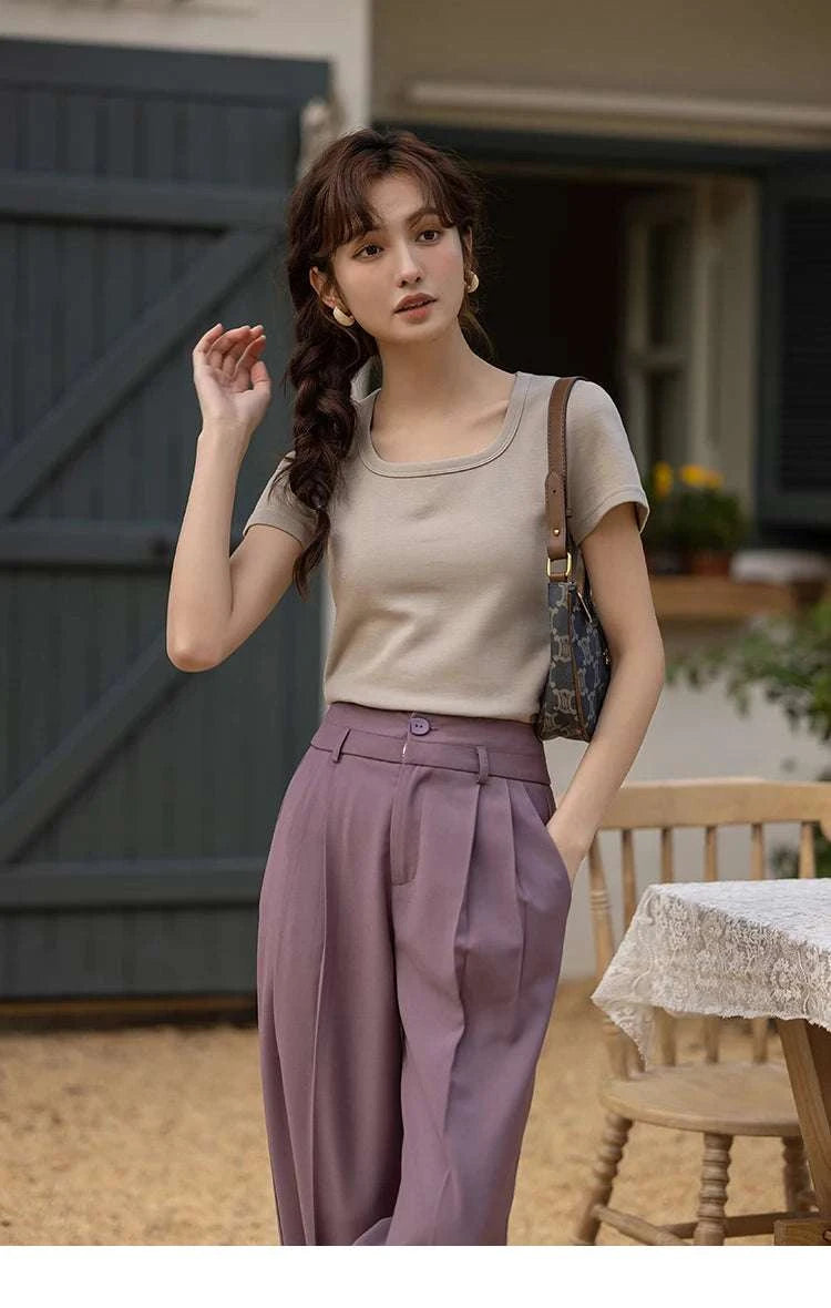 Women's Square Neck Cotton Blend T-Shirt – Elegant Short Sleeve Top-Beige White / S