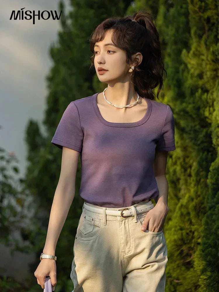 Women's Square Neck Cotton Blend T-Shirt – Elegant Short Sleeve Top-Beige White / S