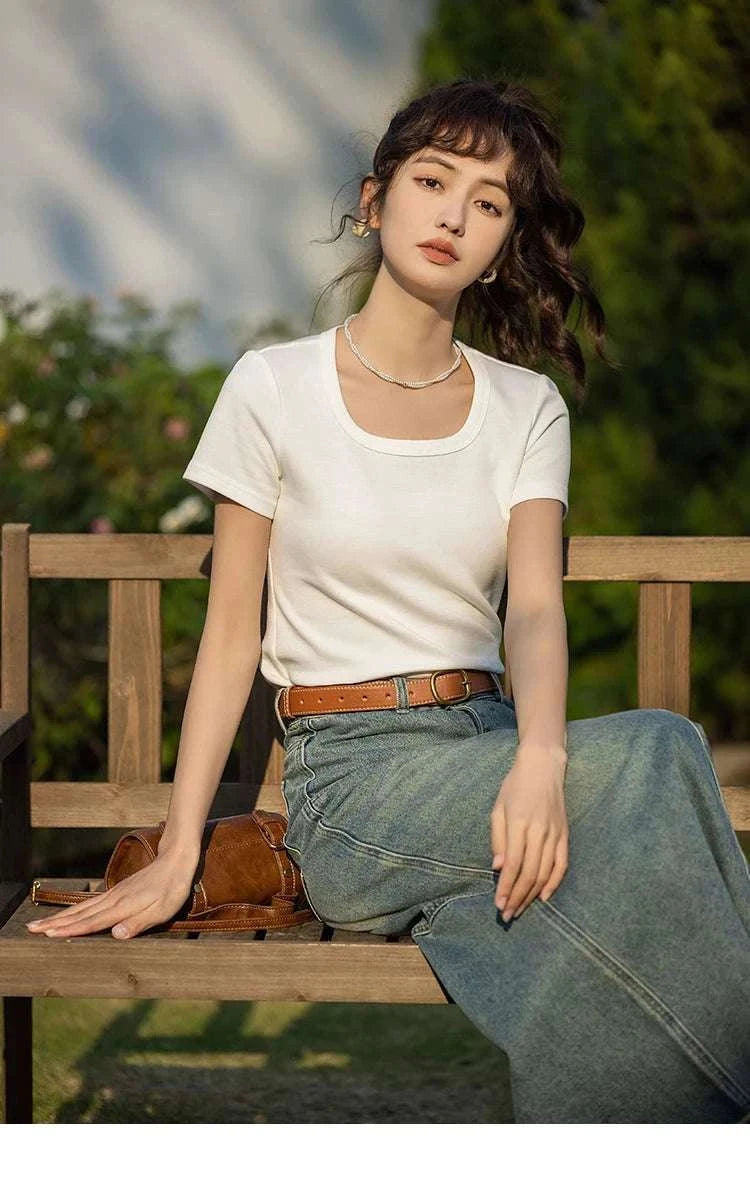 Women's Square Neck Cotton Blend T-Shirt – Elegant Short Sleeve Top-Beige White / S