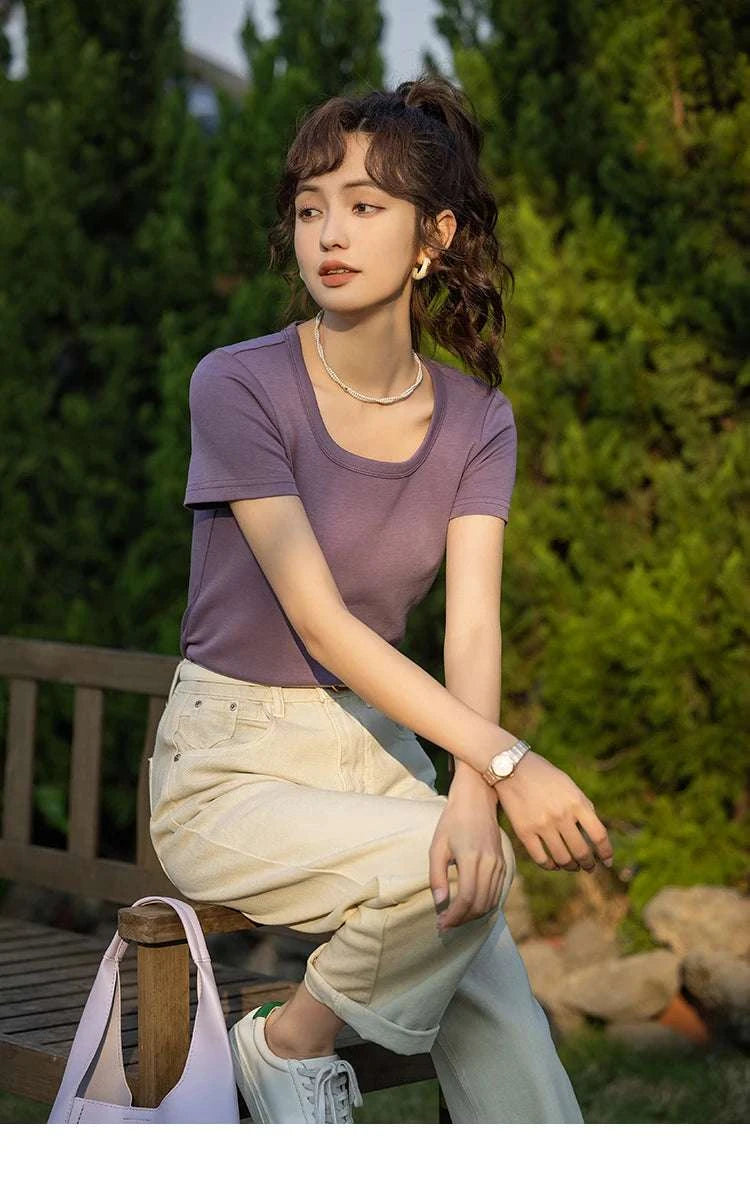 Women's Square Neck Cotton Blend T-Shirt – Elegant Short Sleeve Top-Beige White / S