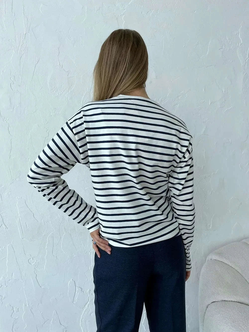 Women’s Striped Long Sleeve Cotton T-Shirt Loose Casual Fit-black / L