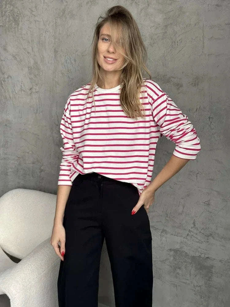 Women’s Striped Long Sleeve Cotton T-Shirt Loose Casual Fit-black / L