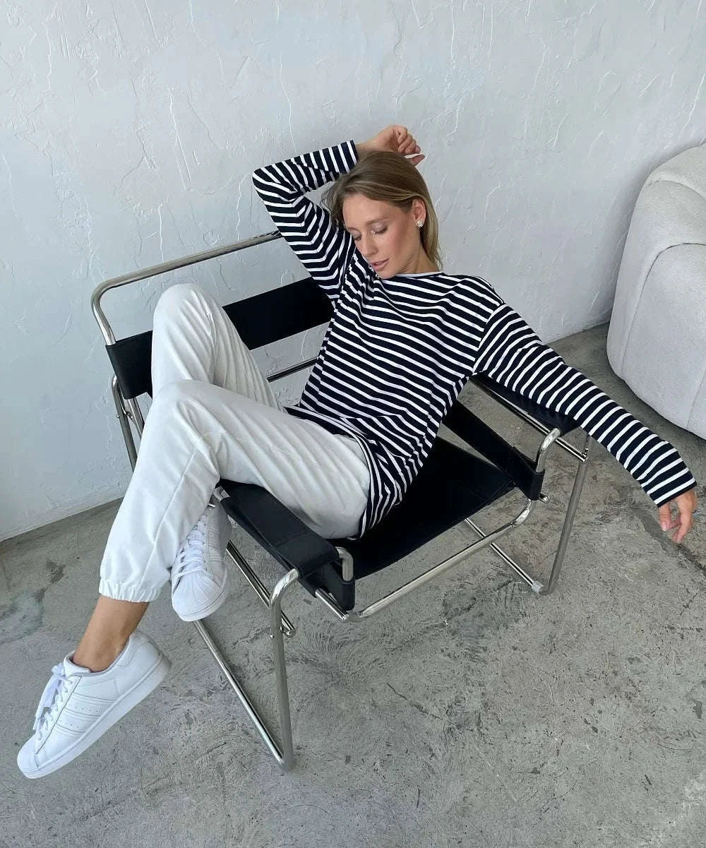 Women’s Striped Long Sleeve Cotton T-Shirt Loose Casual Fit-black / L