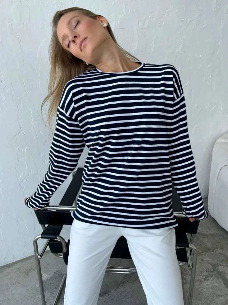 Women’s Striped Long Sleeve Cotton T-Shirt Loose Casual Fit-black / L