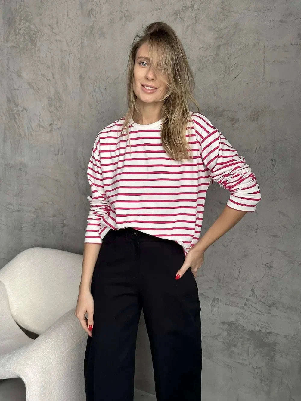 Women’s Striped Long Sleeve Cotton T-Shirt Loose Casual Fit-black / XL