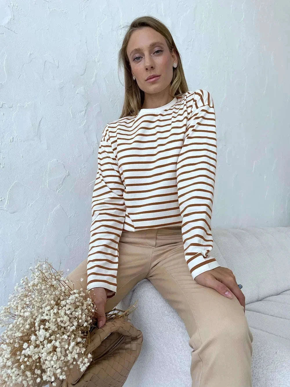Women’s Striped Long Sleeve Cotton T-Shirt Loose Casual Fit-black / XL