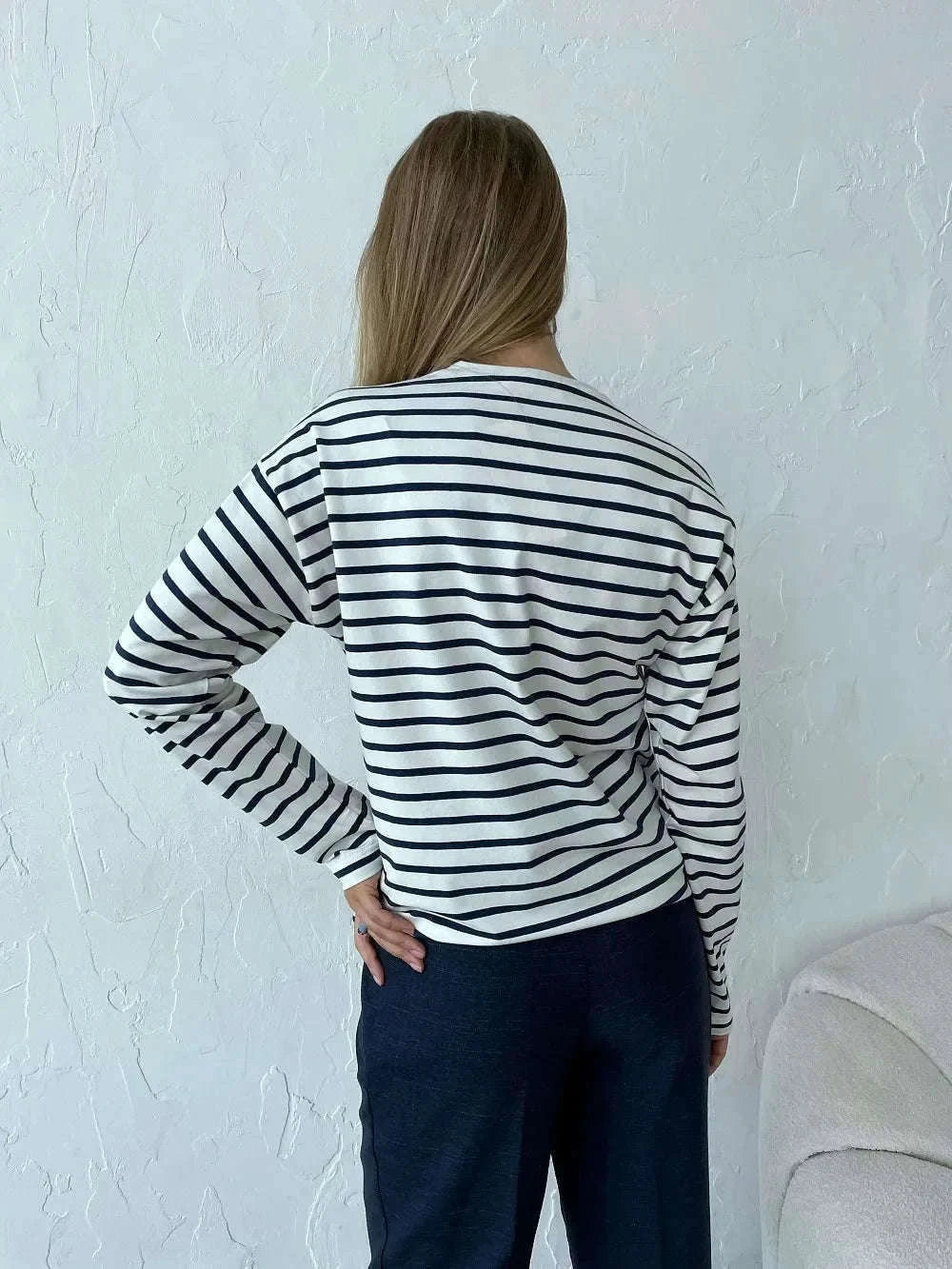 Women’s Striped Long Sleeve Cotton T-Shirt Loose Casual Fit-black / XL