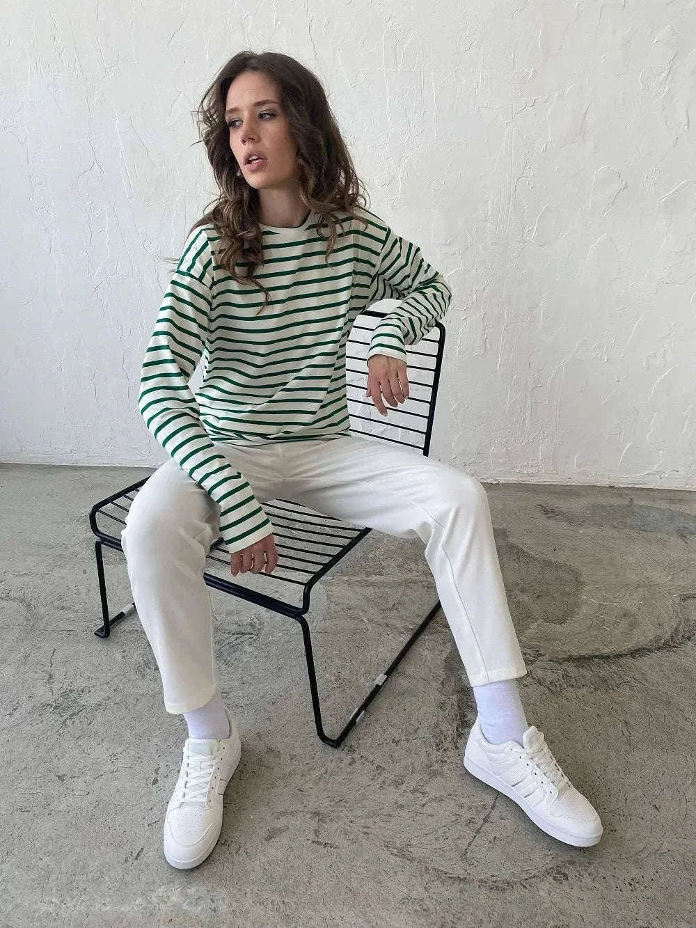 Women’s Striped Long Sleeve Cotton T-Shirt Loose Casual Fit-black / XL