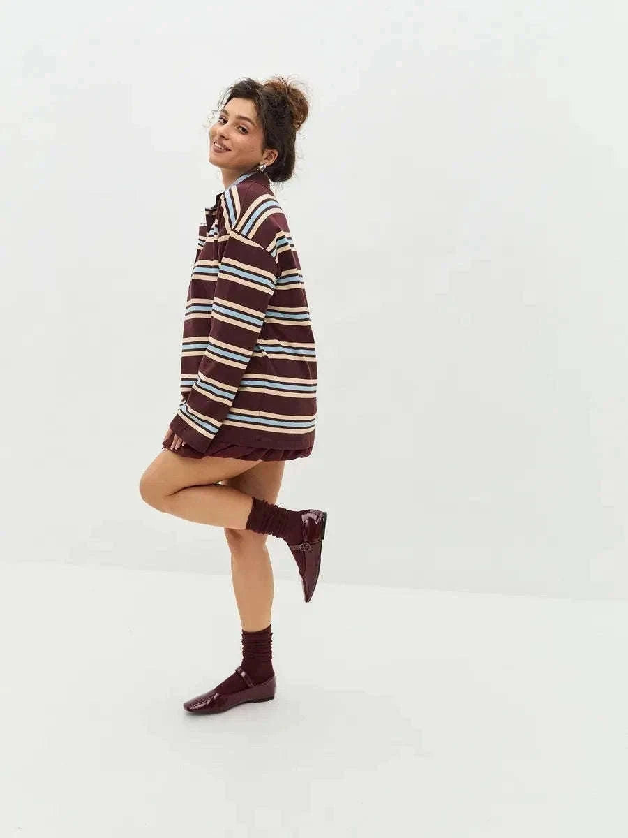 Women's Striped Oversized Polo Shirt Drop Shoulder Long Sleeve Tee-Pink / L