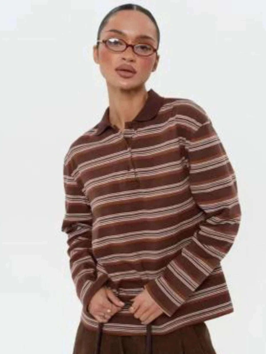 Women's Striped Oversized Polo Shirt Drop Shoulder Long Sleeve Tee-Pink / L