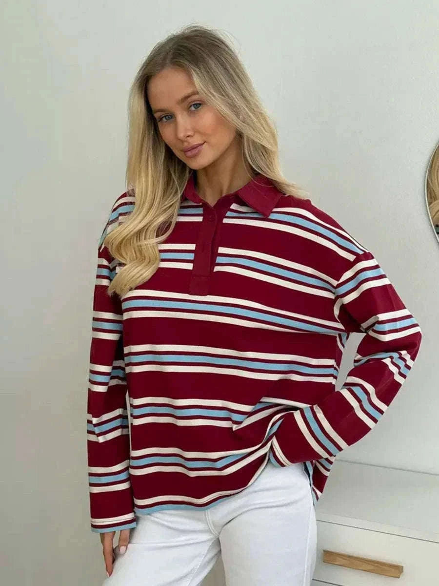 Women's Striped Oversized Polo Shirt Drop Shoulder Long Sleeve Tee-Pink / L