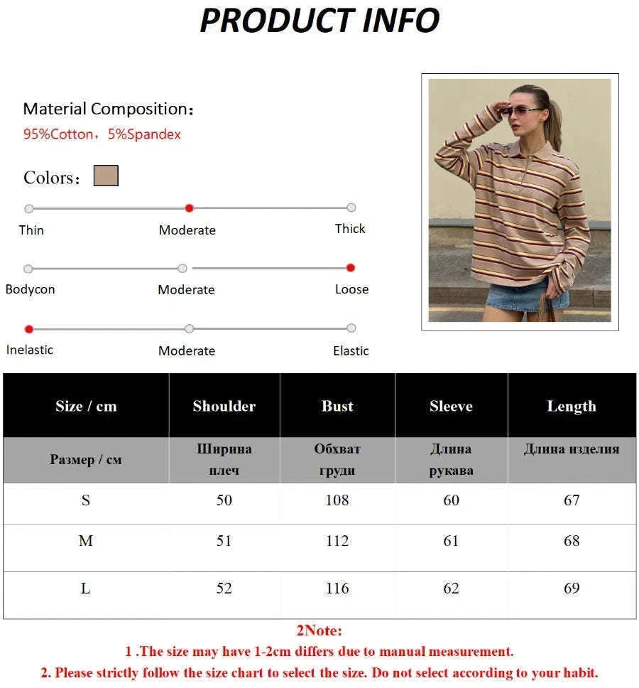 Women's Striped Oversized Polo Shirt Drop Shoulder Long Sleeve Tee-Pink / L
