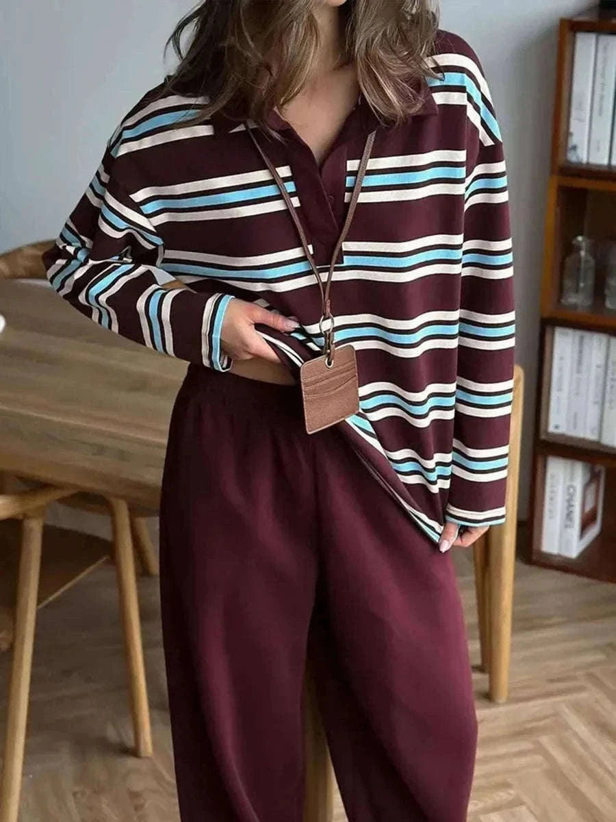 Women's Striped Oversized Polo Shirt Drop Shoulder Long Sleeve Tee-Pink / L
