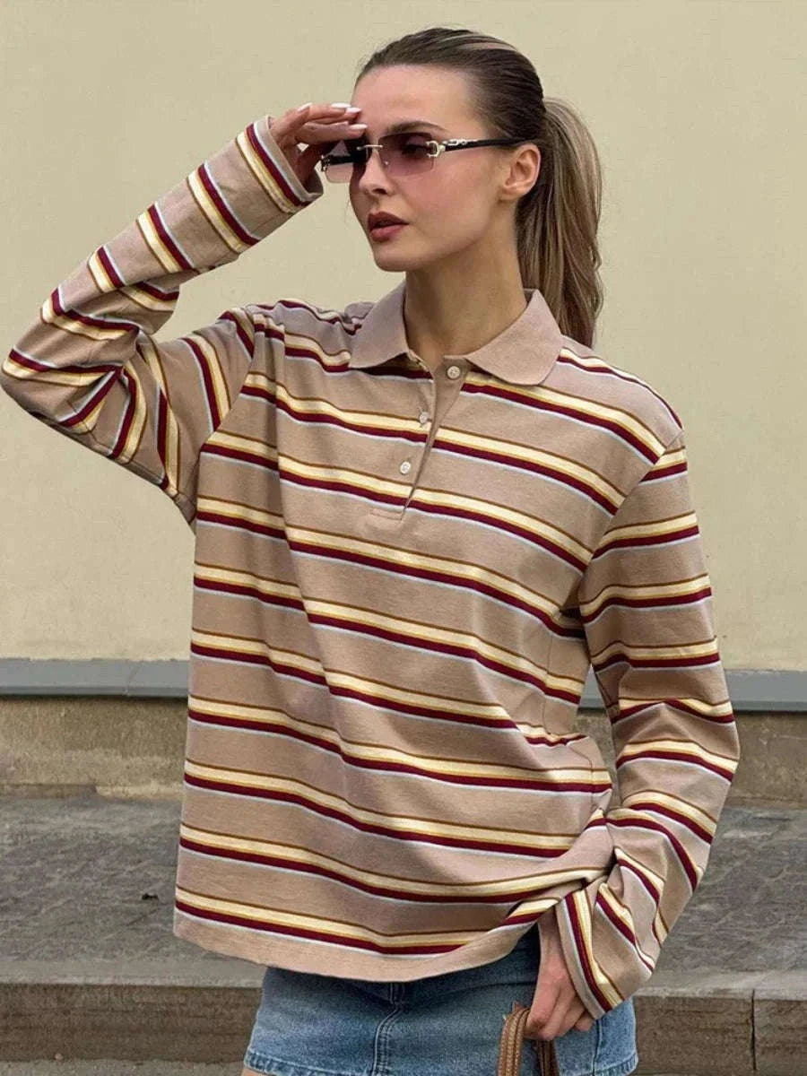Women's Striped Oversized Polo Shirt Drop Shoulder Long Sleeve Tee-Pink / L
