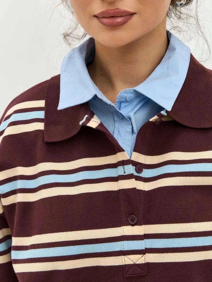 Women's Striped Oversized Polo Shirt Drop Shoulder Long Sleeve Tee-Pink / L