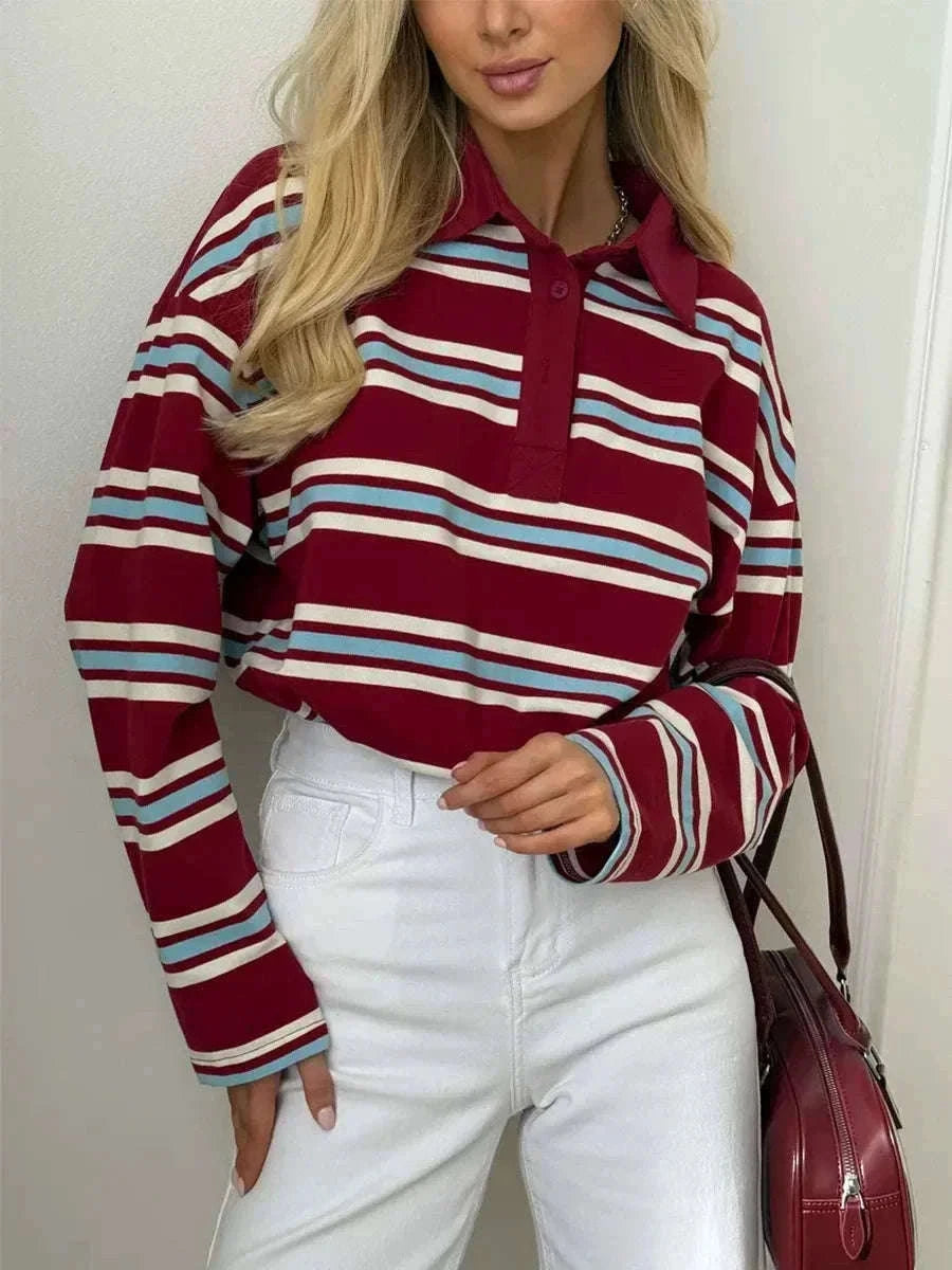 Women's Striped Oversized Polo Shirt Drop Shoulder Long Sleeve Tee-Pink / L
