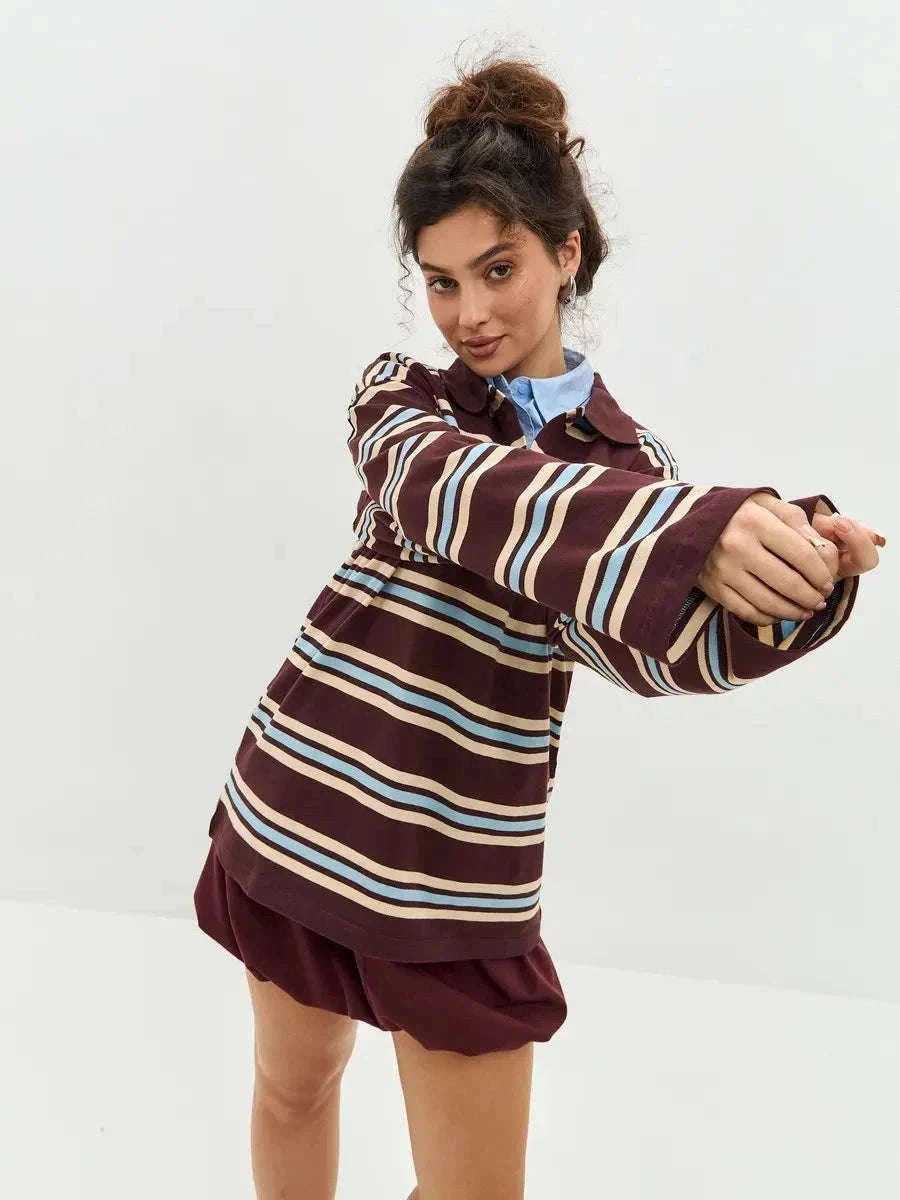 Women's Striped Oversized Polo Shirt Drop Shoulder Long Sleeve Tee-Pink / L