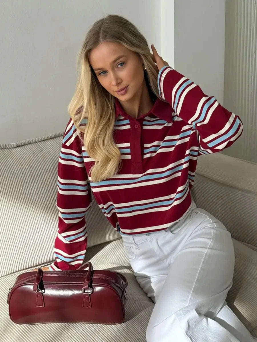 Women's Striped Oversized Polo Shirt Drop Shoulder Long Sleeve Tee-Pink / L