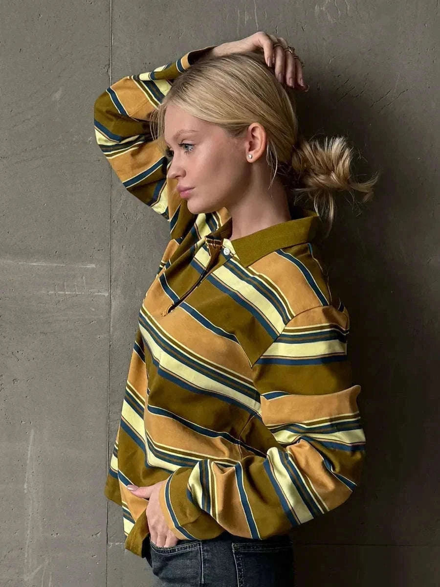 Women's Striped Oversized Polo Shirt Drop Shoulder Long Sleeve Tee-Pink / L