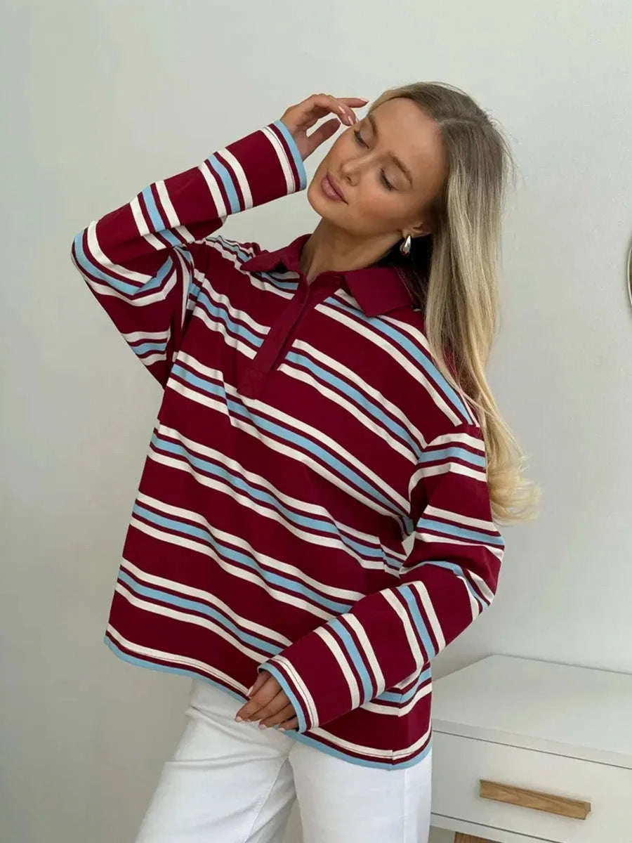 Women's Striped Oversized Polo Shirt Drop Shoulder Long Sleeve Tee-Pink / L