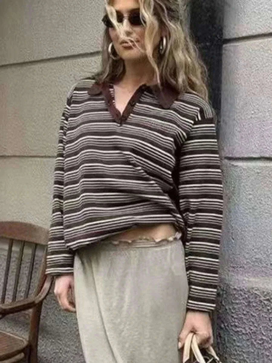 Women's Striped Oversized Polo Shirt Drop Shoulder Long Sleeve Tee-Pink / L