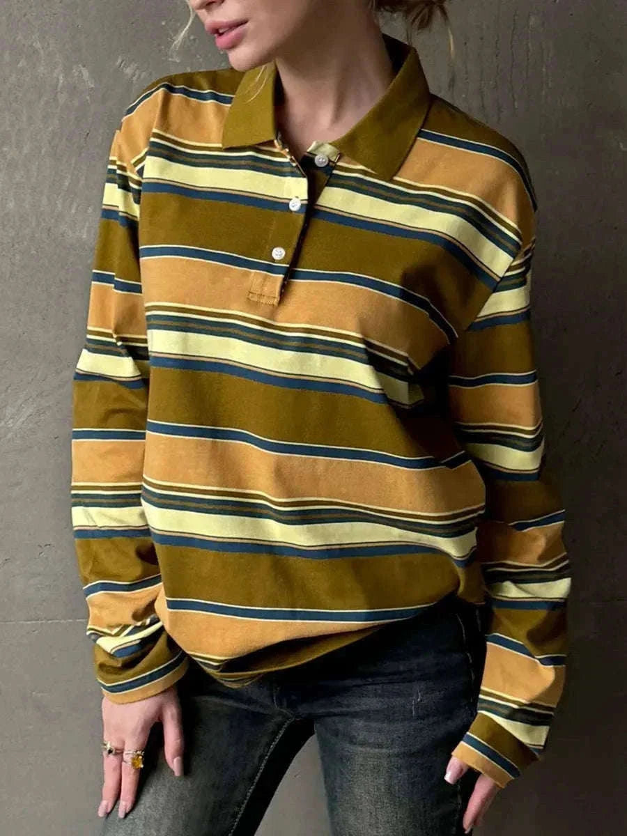Women's Striped Oversized Polo Shirt Drop Shoulder Long Sleeve Tee-Pink / L