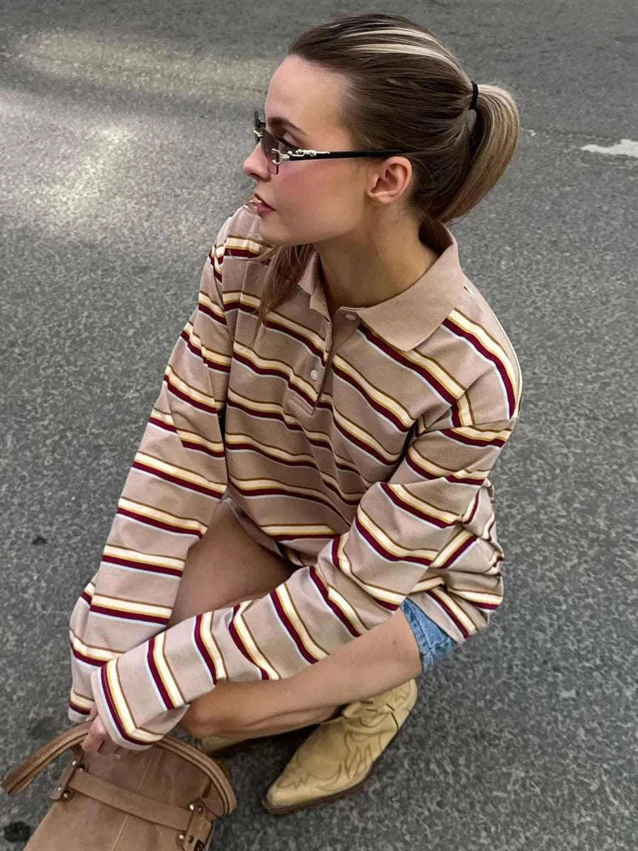 Women's Striped Oversized Polo Shirt Drop Shoulder Long Sleeve Tee-Pink / L