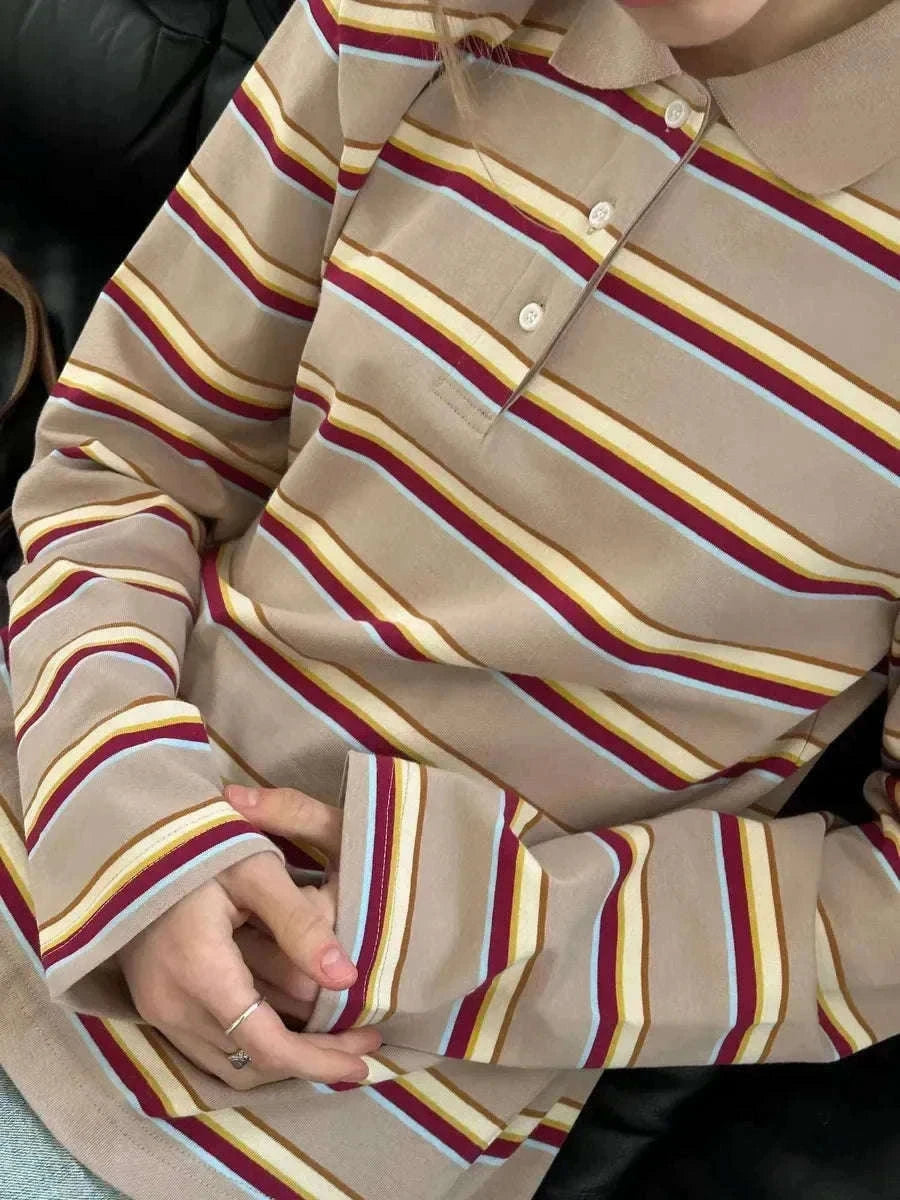 Women's Striped Oversized Polo Shirt Drop Shoulder Long Sleeve Tee-Pink / L
