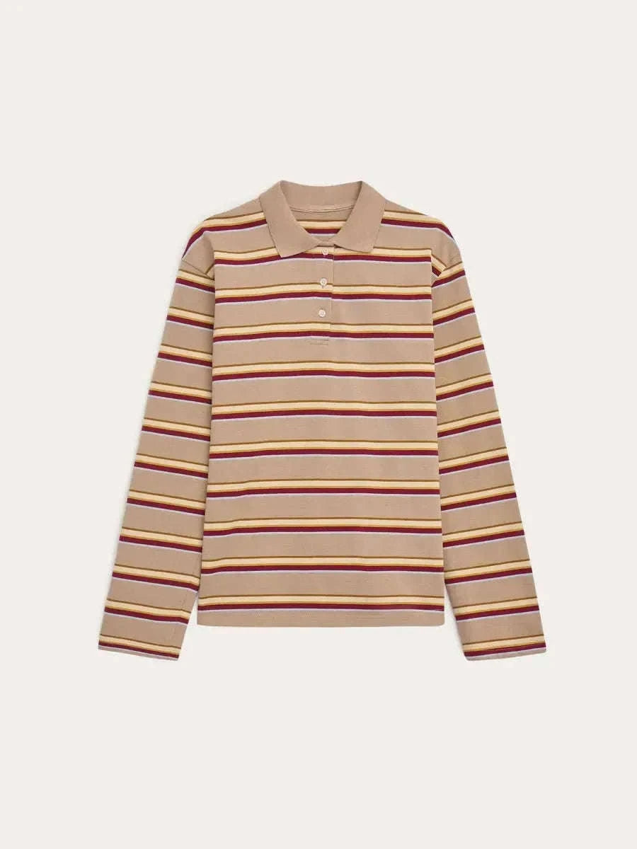 Women's Striped Oversized Polo Shirt Drop Shoulder Long Sleeve Tee-Pink / L