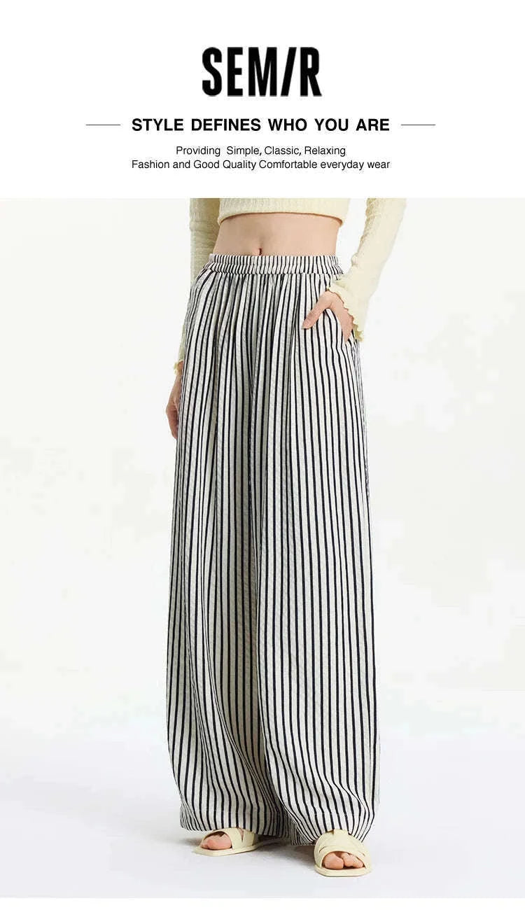 Women’s Striped Wide Leg Pants with Elastic Waist for Easy Summer Style-blue / M / China Mainland