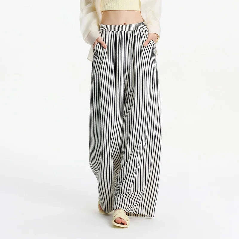 Women’s Striped Wide Leg Pants with Elastic Waist for Easy Summer Style-blue / XXL / China Mainland
