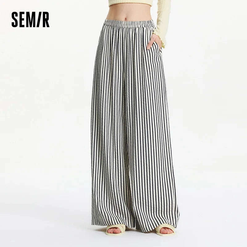 Women’s Striped Wide Leg Pants with Elastic Waist for Easy Summer Style-blue / XXL / China Mainland