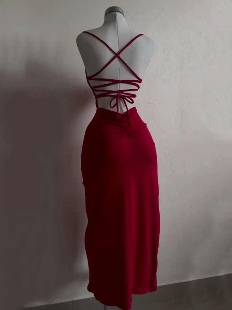 Women’s Summer Halter Strap Bodycon Dress-S / red